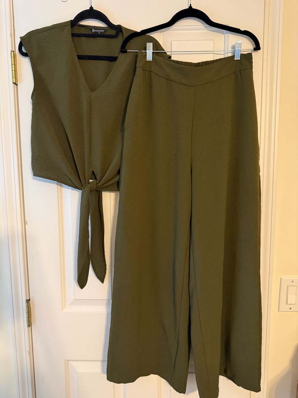 PrettyGarden Olive Green Wide Leg Pants and Tie Front Top Set, Size M